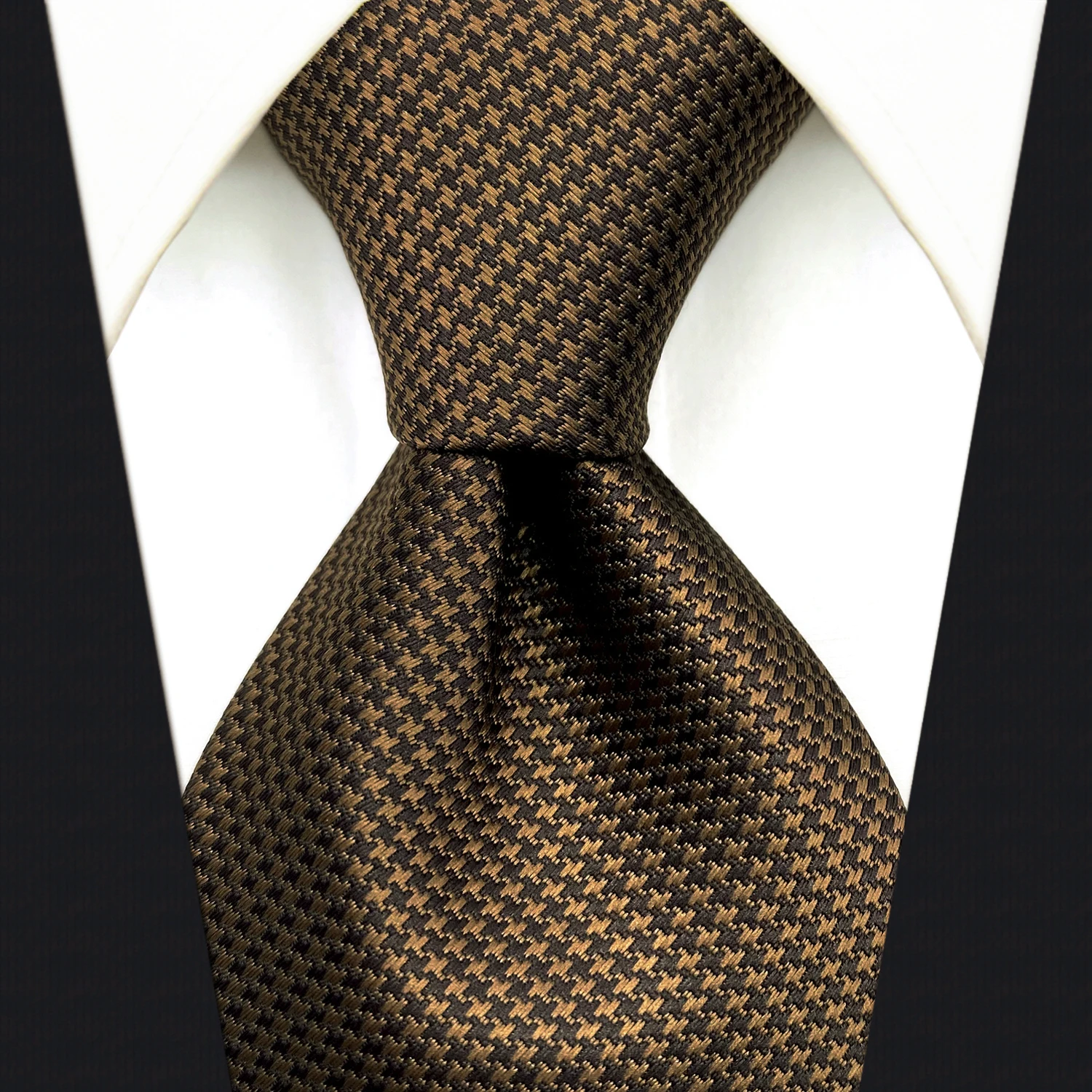 U27 Brown Houndstooth Necktie Set Handmade Wedding Fashion Extra Long Size Classic Ties for Mens Hanky