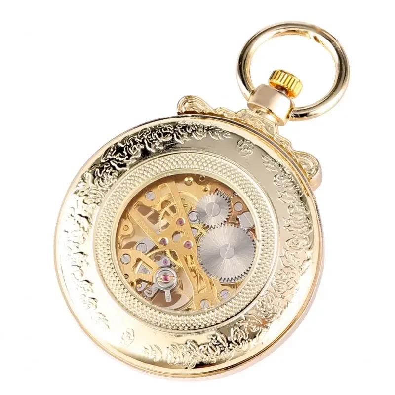 Vintage Yellow Golden Pocket Watch Handwinding Mechanical Watches Roman Numeral Display Open Face Clock with Pendant Chain