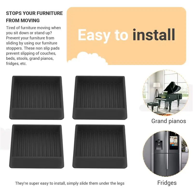 NEW HOT In Stock-4Pcs Anti-Slip Furniture Pads Square Rubber Anti Skid Caster Cups, Leg Coasters-Couch, Chair, Bed Stoppers