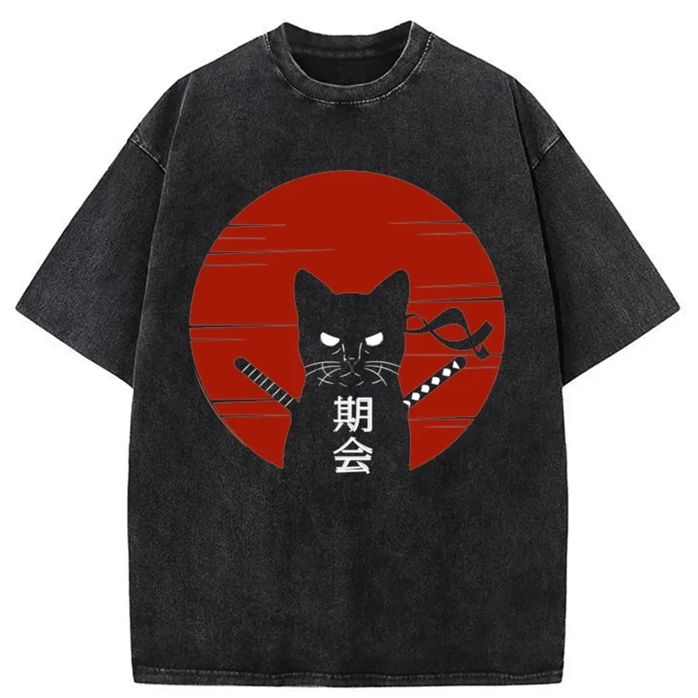 

SOVOB Japanese Cat Washed T-shirts Tee Shirt Homme New Men Clothing short sleeve Round Neck Printing Pullover T-Shirt 25586