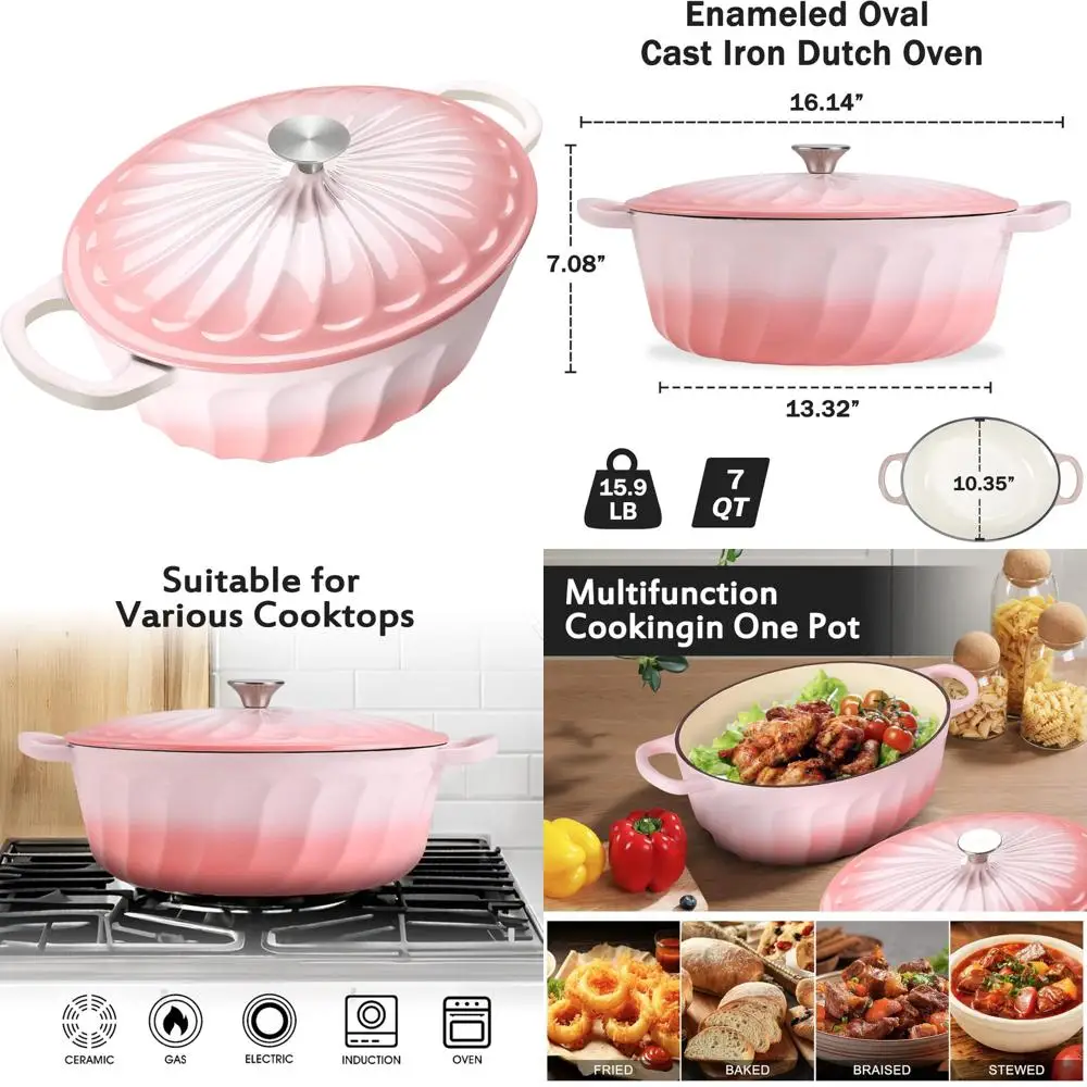 

Non-stick 7-Quart Cast Iron Dutch Oven Pot with Lid, Dual Handles for Cooking, Baking Bread, Frying, and More