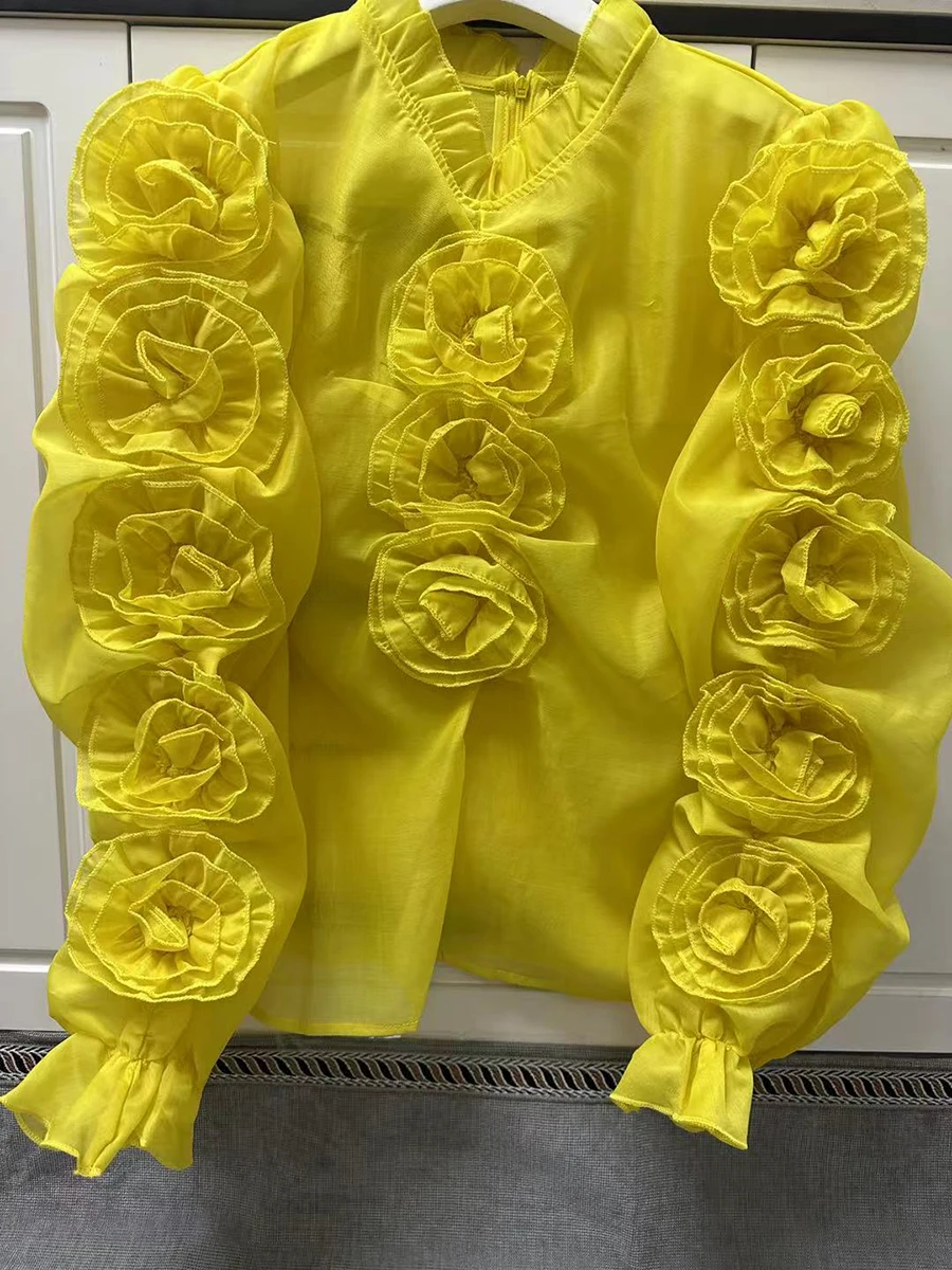 GALCAUR Solido Allentato Impiombato Fiori 3D Camicetta Elegante per Le Donne Girocollo Maniche Lunghe Patchwork Fungo Top Abbigliamento Femminile Nuovo