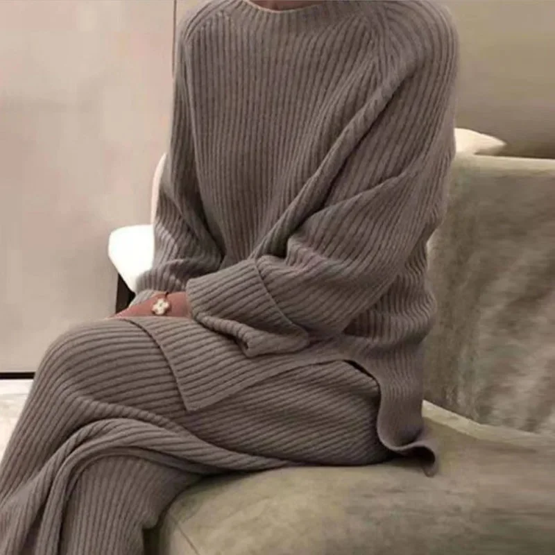 Simple Home Suit Spring Winter Soft Casual O-Neck Pullover Tops+Knitted Pant Sets Homewear Pajama Solid Women Two Piece Set