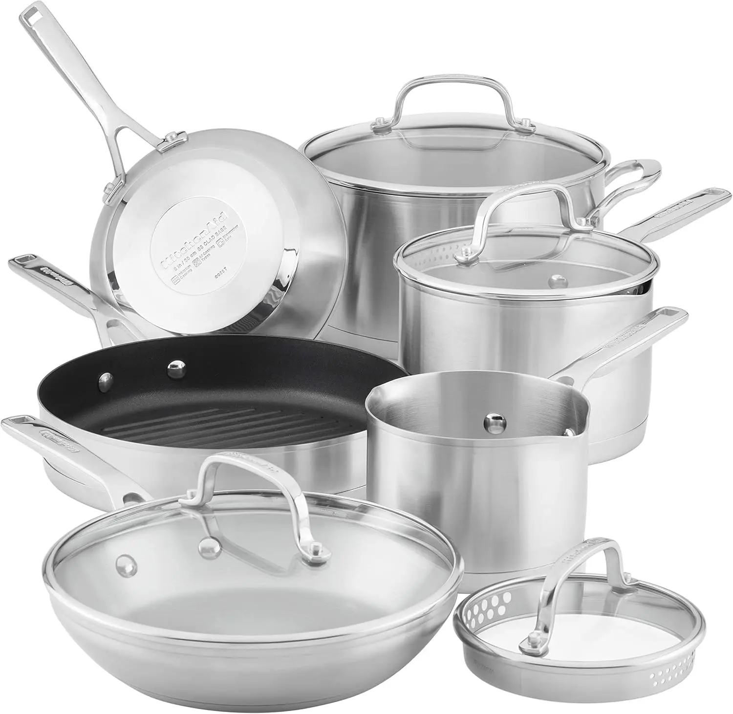 3-Ply Base Stainless Steel Cookware Pots And Pans Set, 10 Piece, Brushed Stainless