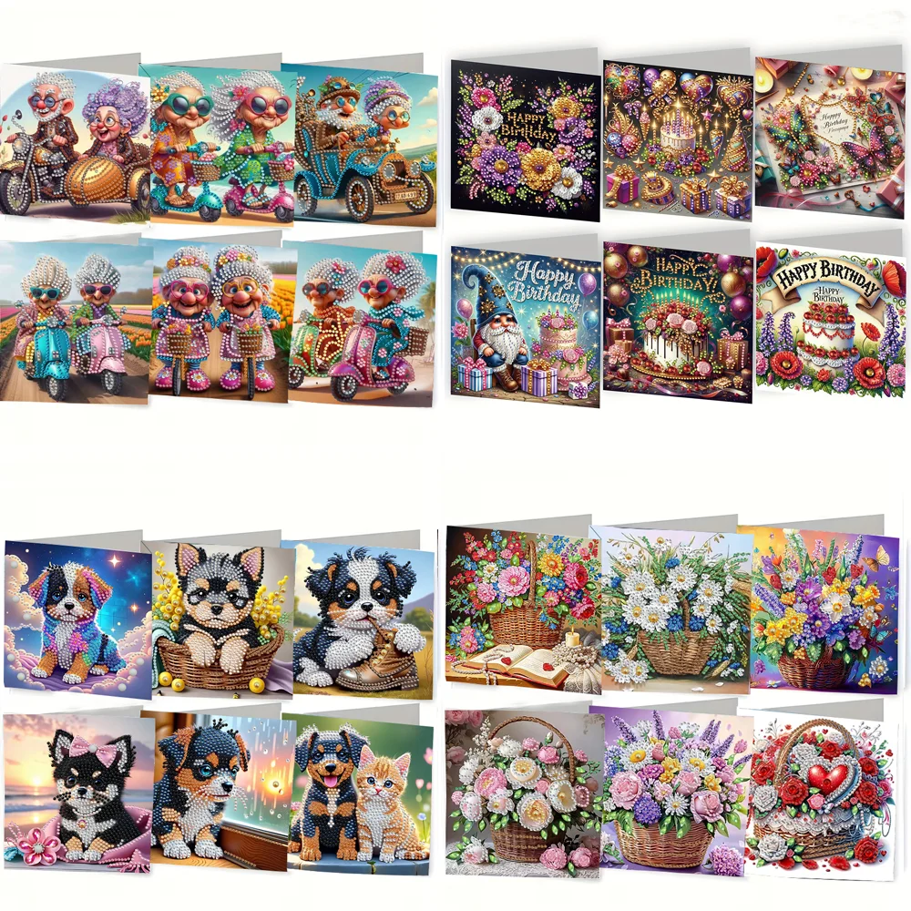 6-piece/set DIY diamond painting birthday card set, featuring unique flower, bird, and pattern designs, rhinestone diamond paint