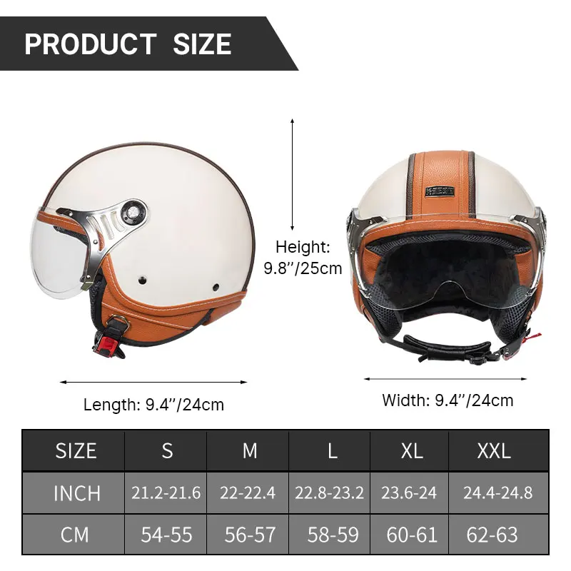 Capacete de motocicleta leve Vintage 3/4 Open Face para homens e mulheres, DOT Certified, meio capacete para motocicletas e adultos, capacete Jet