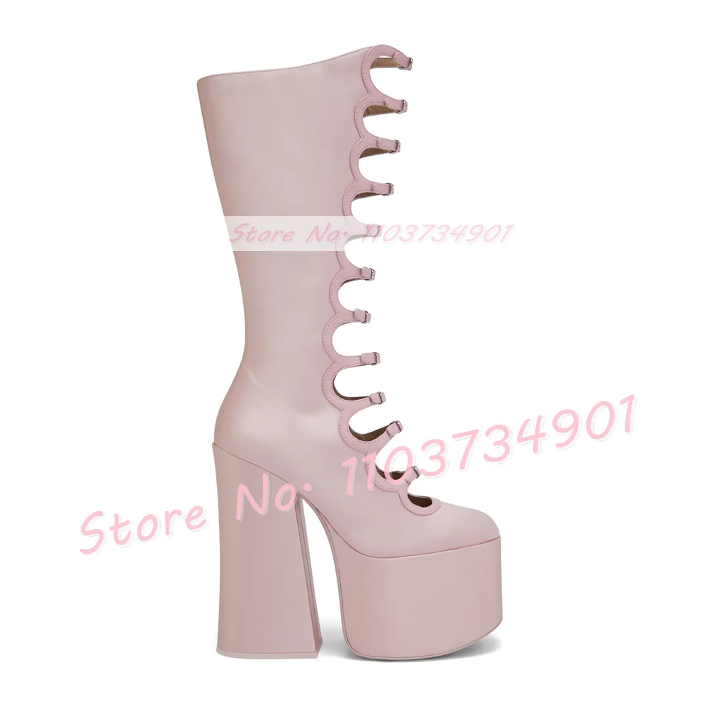 Pink Satin Platform Strappy Buckle Strap Mid Calf Boots Ladies Round Toe Slim Chunky High Heel Sexy Women Shoes Trendy Boots