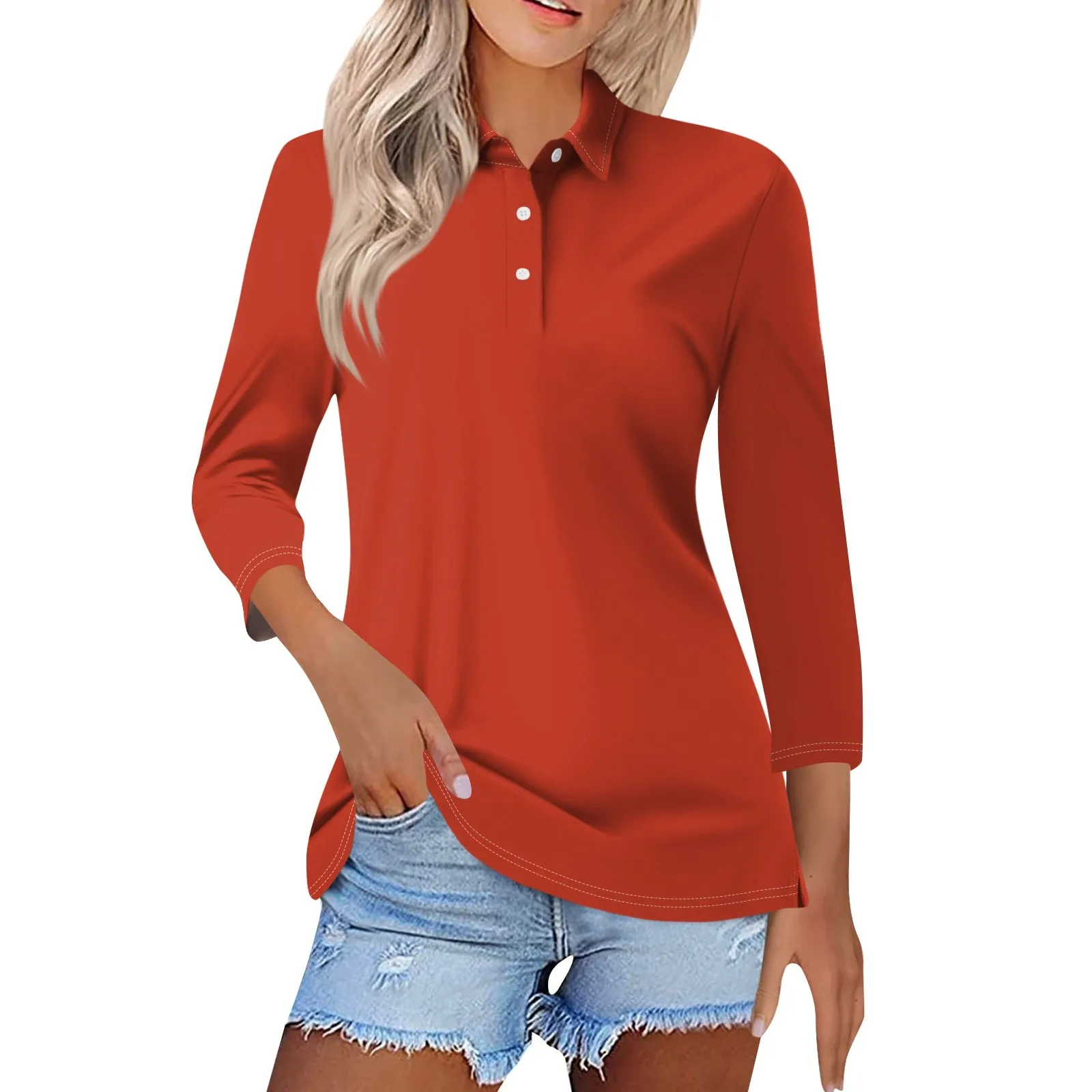 Women'S Red T-Shirt Slim Fit Casual T-Shirt Summer Solid Color Lapel Top Button Long Sleeved T-Shirt 2024 Camiseta De Mujer