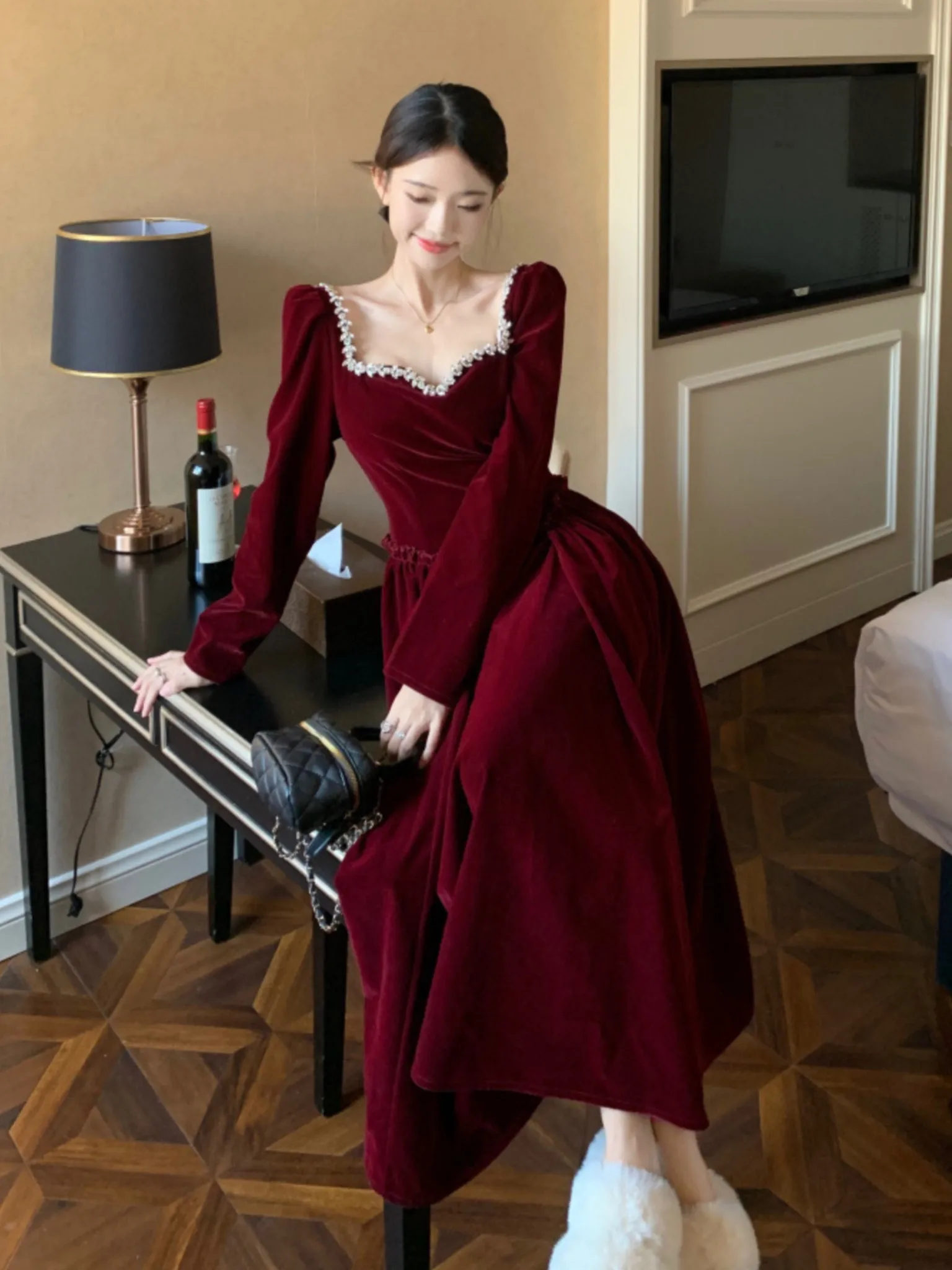 Fashion Burgundy Wedding Evening Midi Dress Woman\'s France Elegant One Piece Birthday Robe Spring Velvet Clothes Mujers