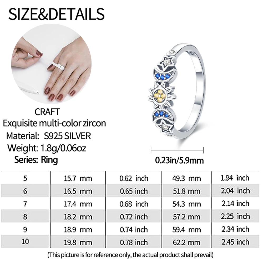 خاتم نجمة وقمر من الفضة الإسترليني عيار 925، زفاف نسائي عالي الجودة من الزركون، هدية مجوهرات عيد الميلاد #5