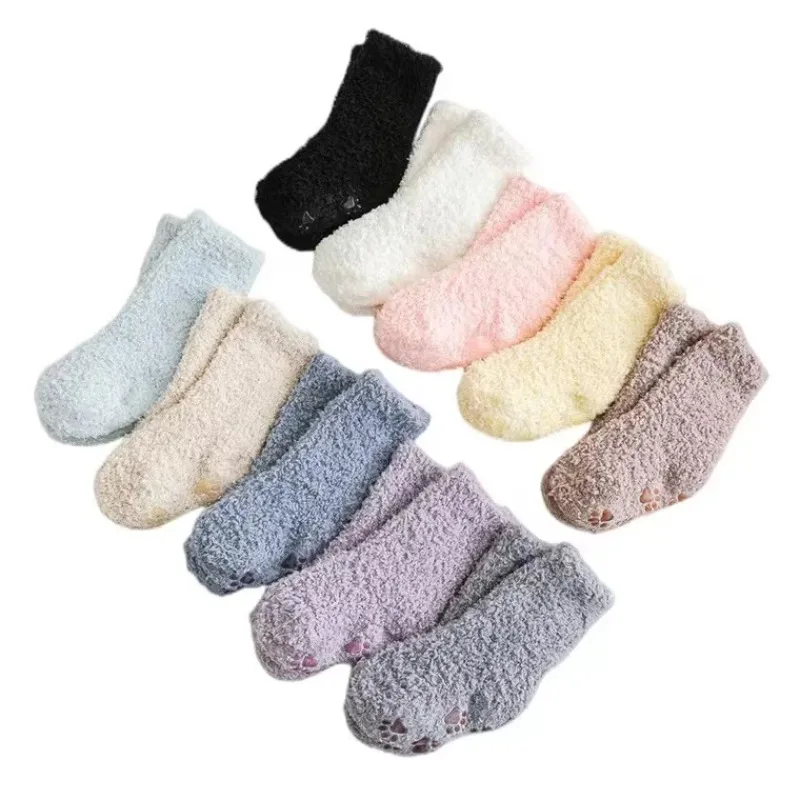 3 Paare/paket Kinder Korallen Samt Socken Muti-farben Winter Weiche Warme Fuzzy Socken Nicht-slip Kleinkind Boden Socken 0-4 jahre Neugeborenen Geschenk