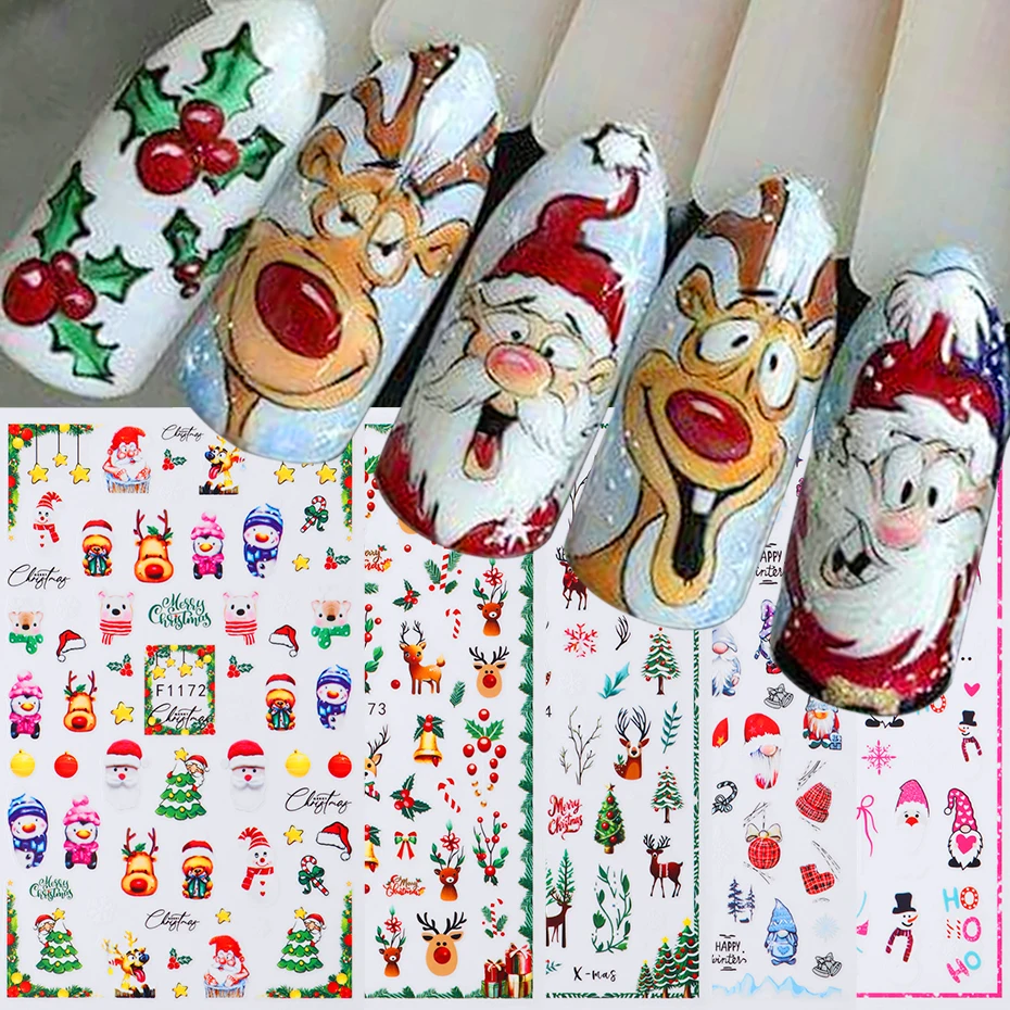 

5 pcs 3D Cartoon Santa Deer Nail Stickers Christmas Trees Bells Self-Adhesive Sliders for Nails Kawaii Winter Manicure Nail Deco