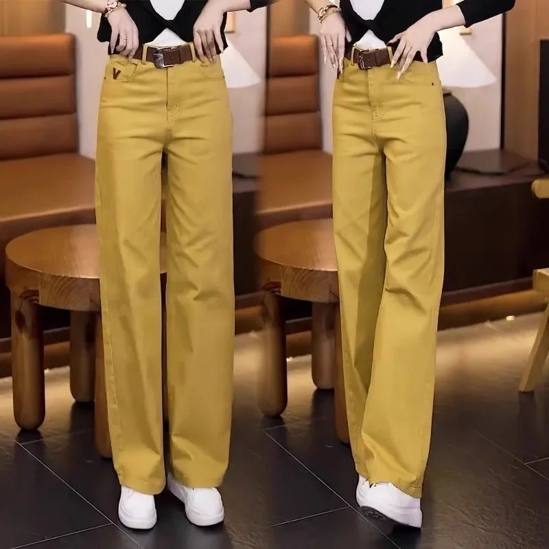 

Корейские женские прямые джинсы большого размера 4XL, женские джинсовые брюки с высокой талией, осенние женские повседневные широкие ковбойские брюки