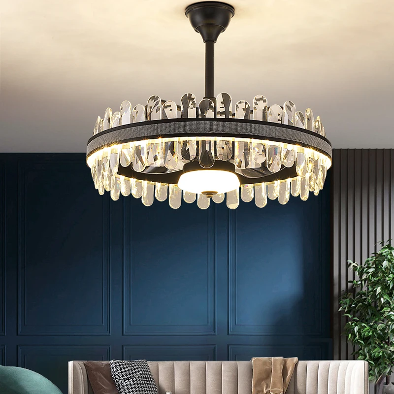 

Потолочный вентилятор со светодиодной подсветкой Современный хрустальный ресторан Гостиная Потолочный вентилятор Освещение спальни Люстра