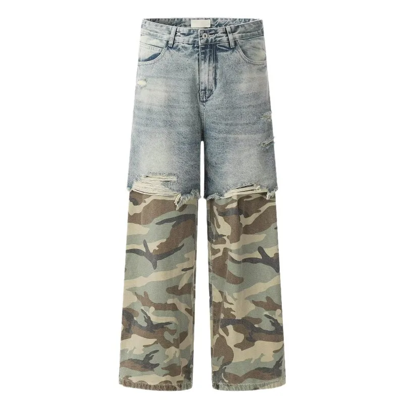 Men High Street Patchwork Camouflage Jeans Straight Trousers Fake Two Pieces  Aged Patchwork Hip Hop Trendy Personalized