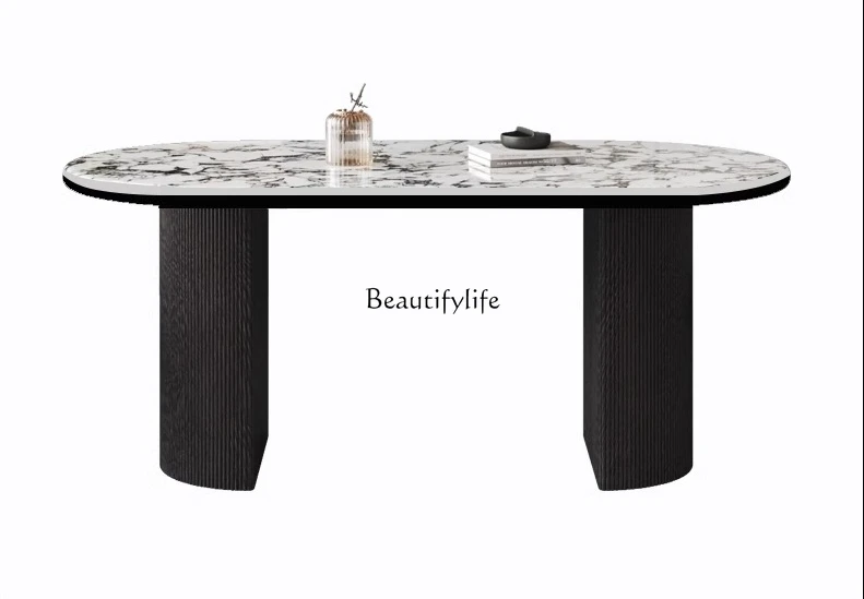 

*French marble slate dining table Italian retro light luxury simple oval dining table and chair combination