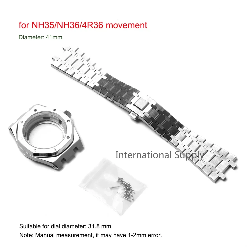 

41mm Watch Case/ Strap for NH35/NH36/4R36 Movement Stainless Steel Watch Cover Replacement Wristwatch Band