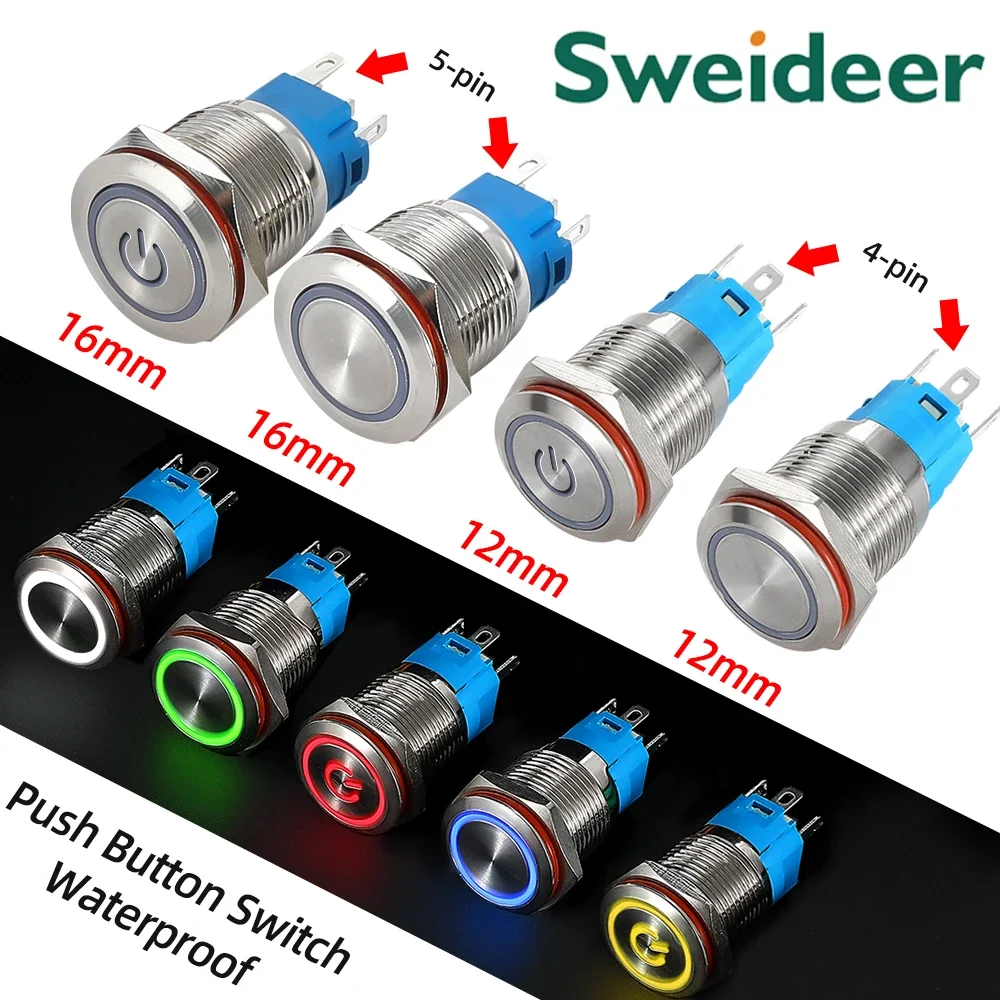 

12/16mm Metal Push Button Switch Waterproof LED Light Momentary Latching Car Engine Power Switch 3V 5V 6V 12V 24V 220V Red Blue