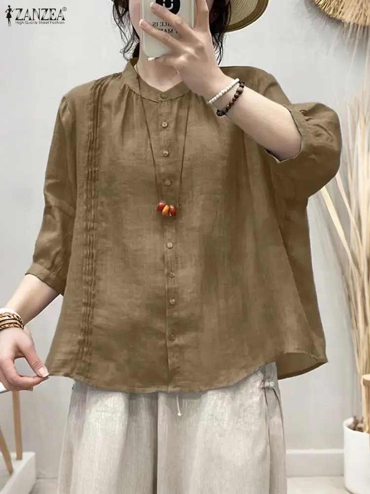 ZANZEA خمر Pintuck قمصان النساء الخريف 3/4 نفخة الأكمام اليوسفي طوق زر حتى عالية منخفضة قميص ملابس امرأة غير رسمية S-3XL #1