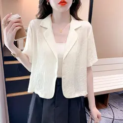 2024 Summer Elegant and High End, Simple Commuting and Leisure Versatile Solid Color Hollow Pit Stripe Short Sleeved Suit Coat