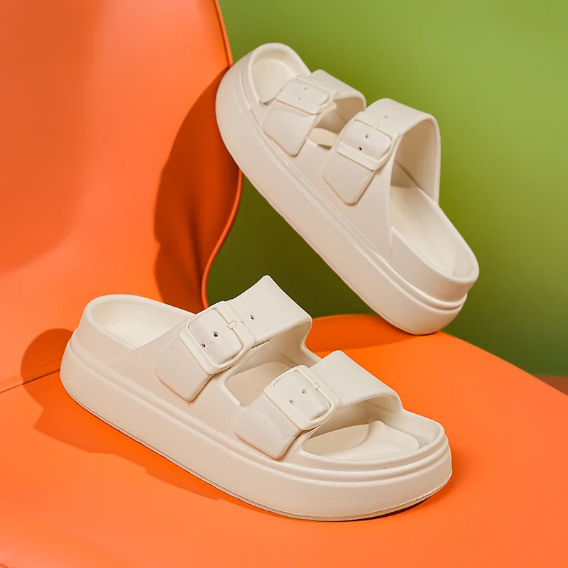 Pure White Womens Slippers Double Buckle Slide Sandals Thick Soles Height Increase 4.5cm Summer Flat Rubber Slides Soft Comfort