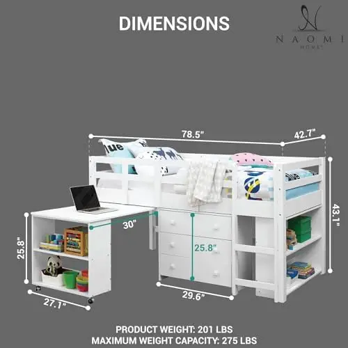 Twin Size Loft Bed With Storage, Desk, Cabinet Ladder, Low Study Pine Wood For Kids, Safety Guard Rails, Bookcase Shelf, White