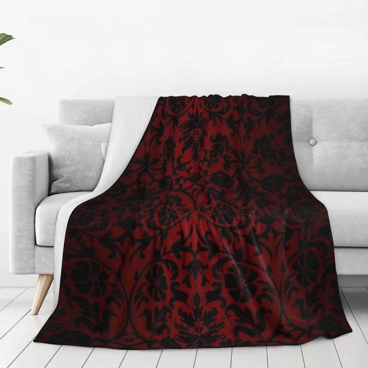 Dark Red And Black Damask Pattern Blankets Flannel Breathable Throw Blankets Sofa Throw Blanket For Home Travel Throws Bedspread