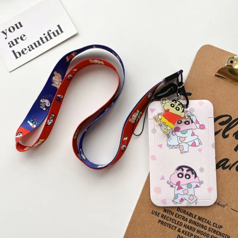 Bandai Crayon Shin-chan Cartoon Long Rope Badge Card Holder Sliding Student Card Protective Case School Bag Pendant Keychain