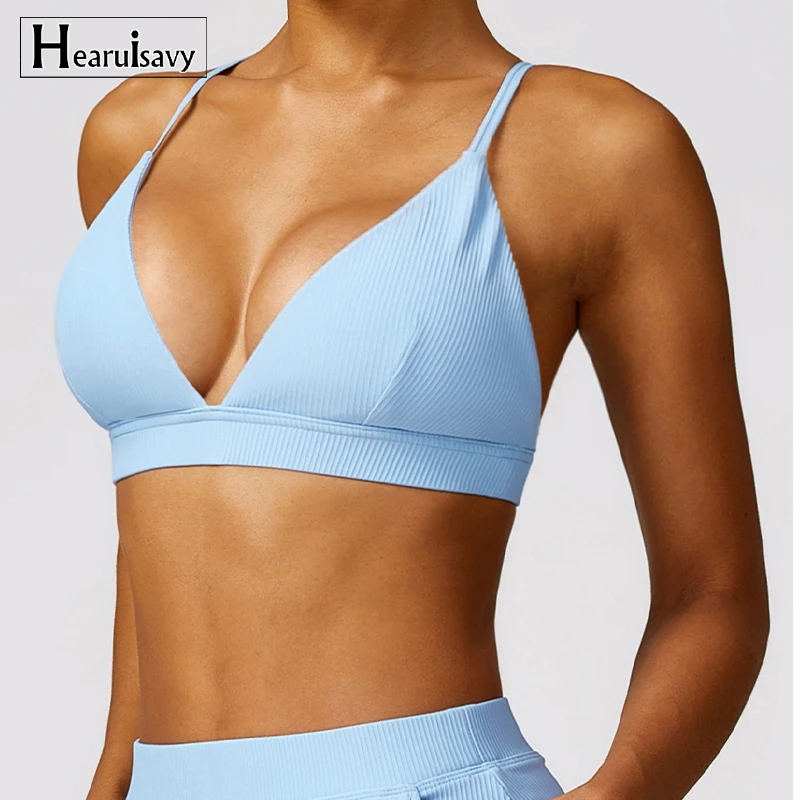 Deep V Sports Bra Women Push up Gym Top Women Breathable Yoga Clothing Sport Underwear Female Workout Bra Ribbing Sportswear