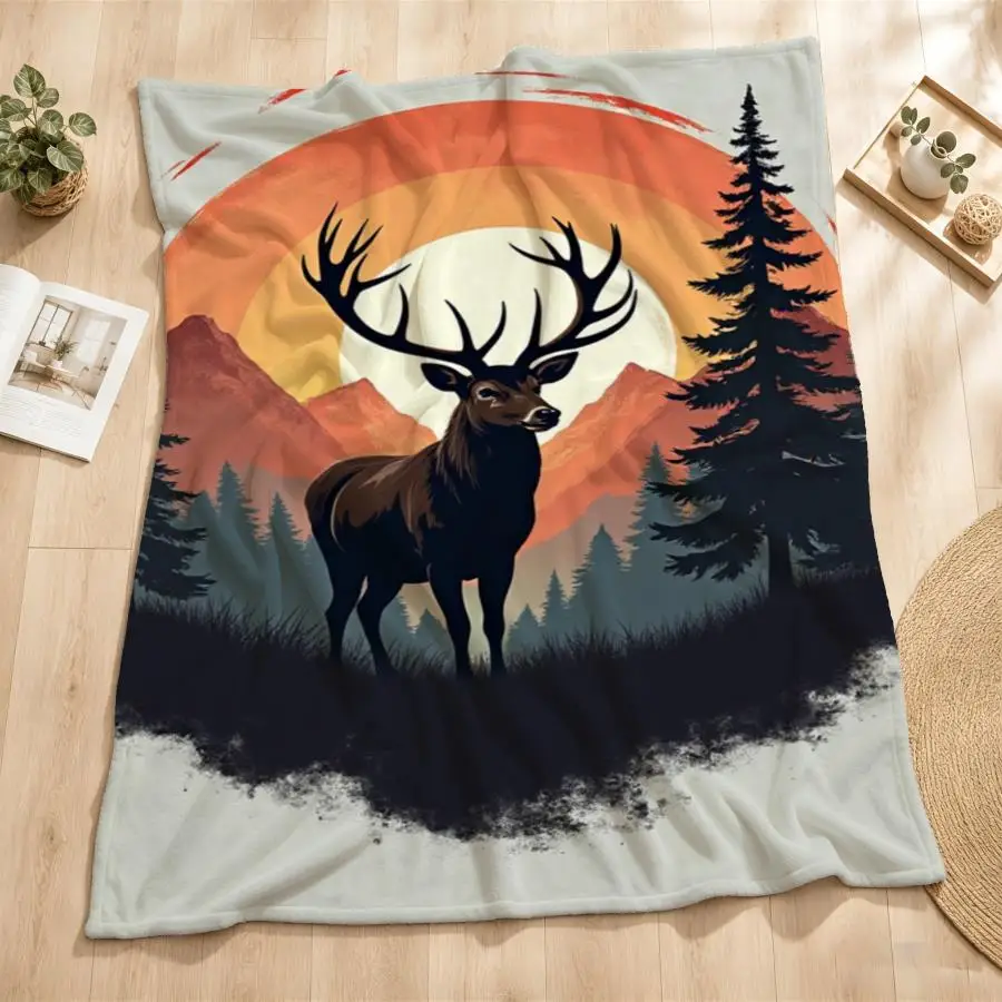 Vintage Stag And Mountain Sunset Flannel Throw Blanket - Soft, Warm Retro Wilderness Design with Pine Trees, Ideal for Couch, Bed, Office & Travel, Perfect Gift for Friends & Family, Machine Washable 2D Flat Weighted Blanket 280GS