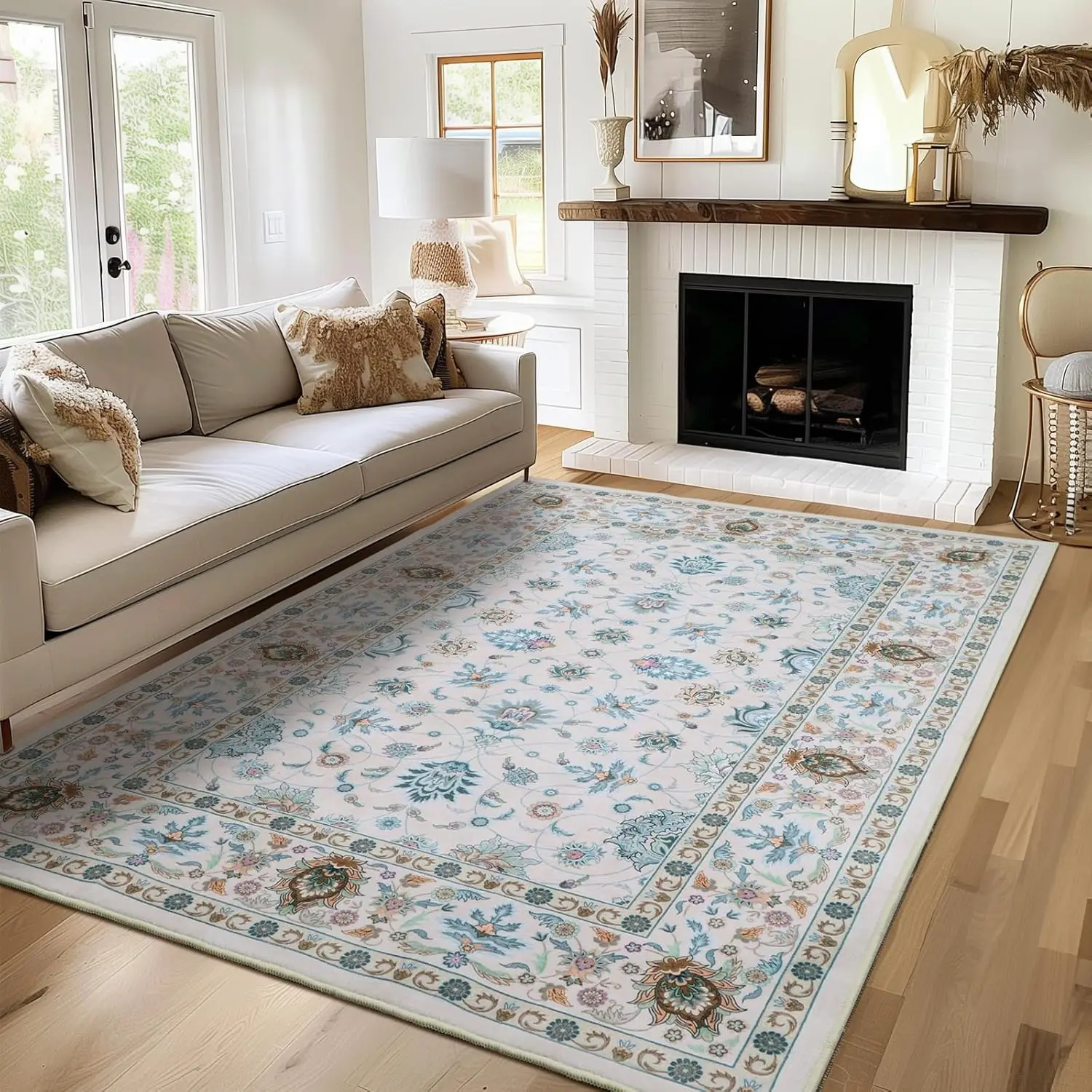 

Non-Slip Boho Small Area Rugs for Entryway, Machine Washable Vintage Rug, Indoor Floral Print Carpet for Home Decor