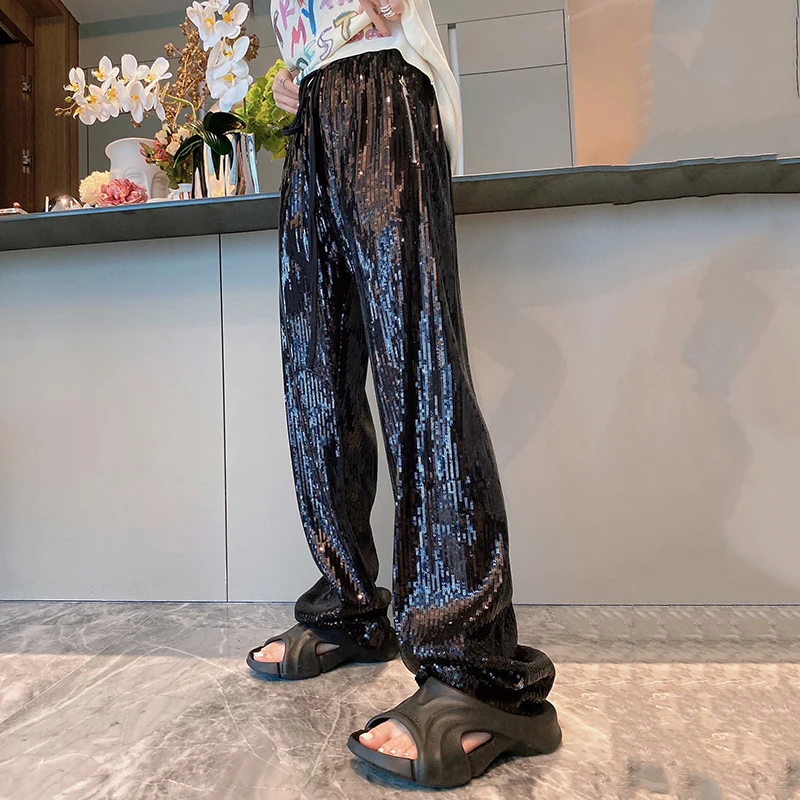 

2022 autumn elastic waist drawstring heavy industry sequined straight-leg pants loose and thin casual all-match wide-leg pants