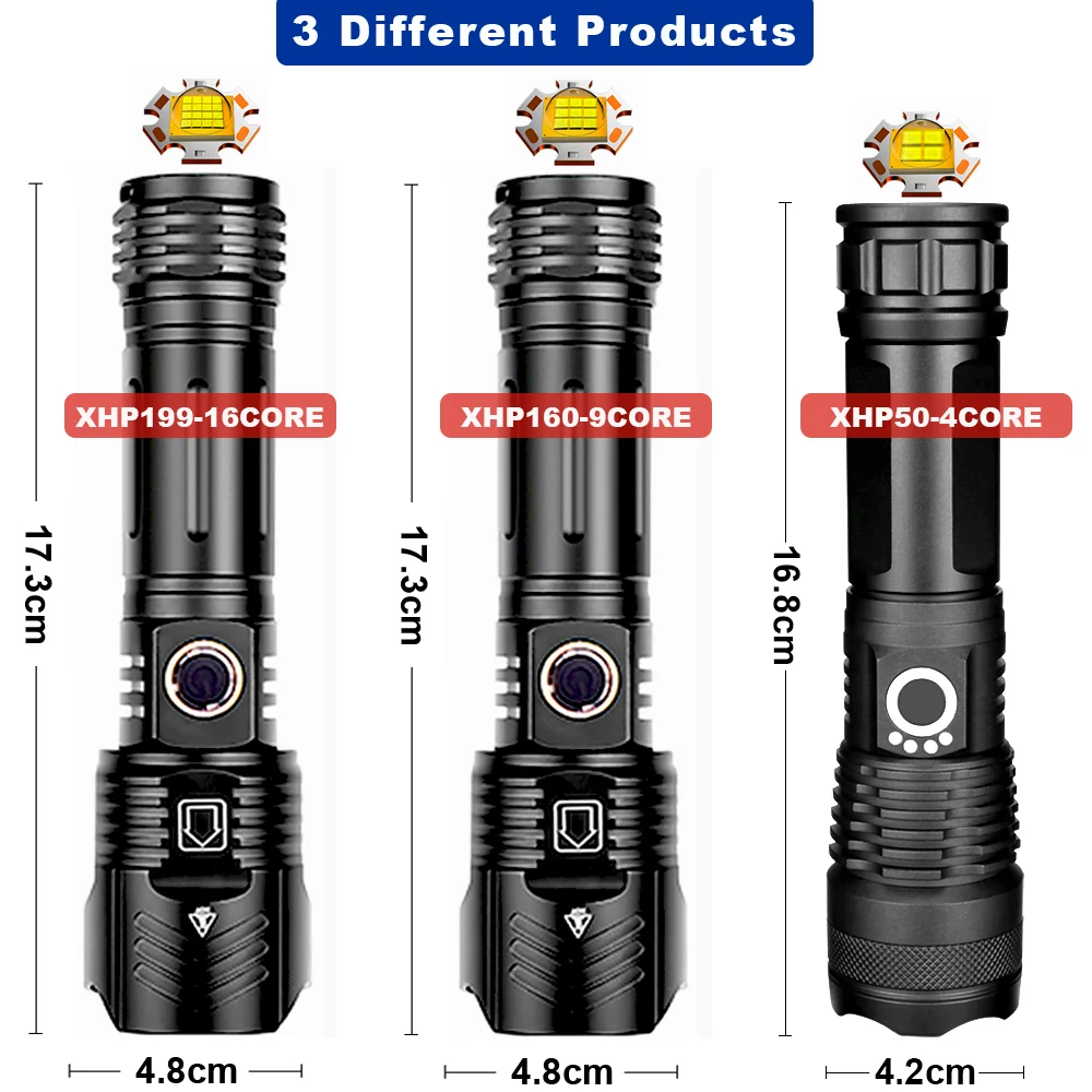 Recarregável LED Torch Lamp, Lanterna de Alta Potência, Lanterna Tática, Long Shot Lâmpada de Mão para Camping, 1000 lm, 800W