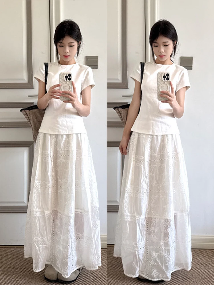 

Unique Beautiful New Summer White Short Sleeve Top And High Waist Skirt Set Women's Gentle Style Fashionable Comfortable Outfit
