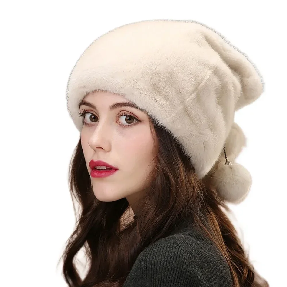 

Real Whole Mink Fur Beanie Hat Women Winter Warm Cap Mink Pompom Handmade