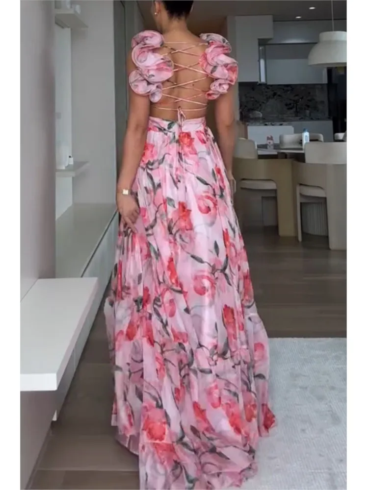 

Summer Fashion Elegant V Neck Ruffles Edge Slim Vacation Sleeveless Backless Party Dresses 2026 Sexy Printed Chiffon Long Dress