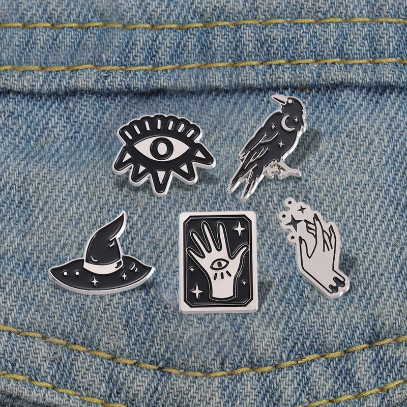 Black Witch Enamel Pin Custom Starry Eye Wizard Hat Tarot Hand Raven Crow Brooch Lapel Badge Punk Gothic Jewelry Gift for Friend