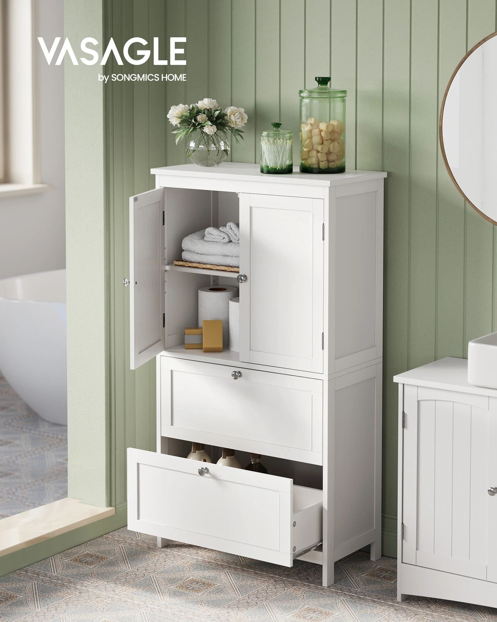 VASAGLE Bathroom Floor Storage Cabinet, Bathroom Storage Unit, Freestanding Cabinet with 2 Drawers and 2 Doors, Adjustable Shelf