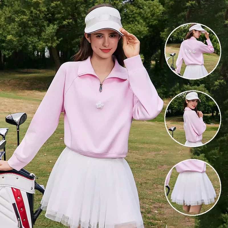 autumn-2025-new-golf-sweatshirts-women's-long-sleeved-half-zipper-tops-loose-sports-top-lady-lace-golf-tutu-skirts-with-short