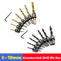 HSS titanium coated countersunk drill bit set 3-10mm, with hexagonal screw hole chamfering and boring woodworking tool