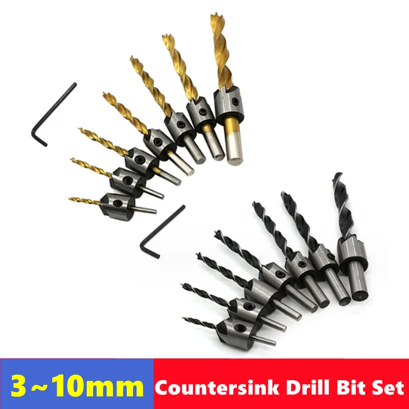 HSS titanium coated countersunk drill bit set 3-10mm, with hexagonal screw hole chamfering and boring woodworking tool