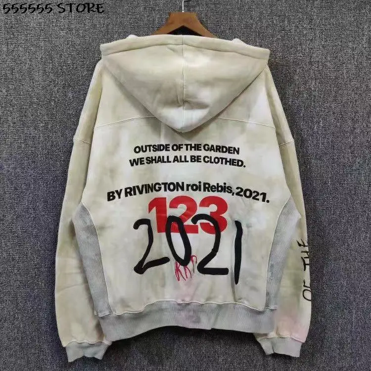 RRR123 Hoodie Men Women High Quality Casual Heavy Fabric Pullover Patchwork Tie Dye Vintage hiphop streetwear