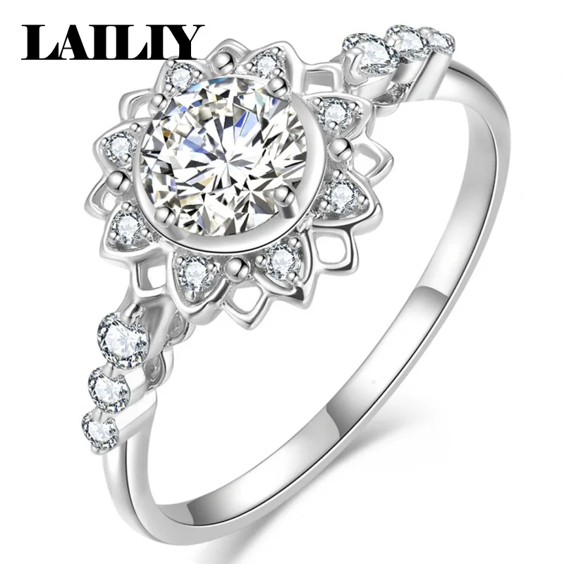 LAILIY925 Sterling Silver Rose Gold Gift Snowflake Sunflower 2Carat Diamond Adjustable Ring for Women Fashion Jewelry