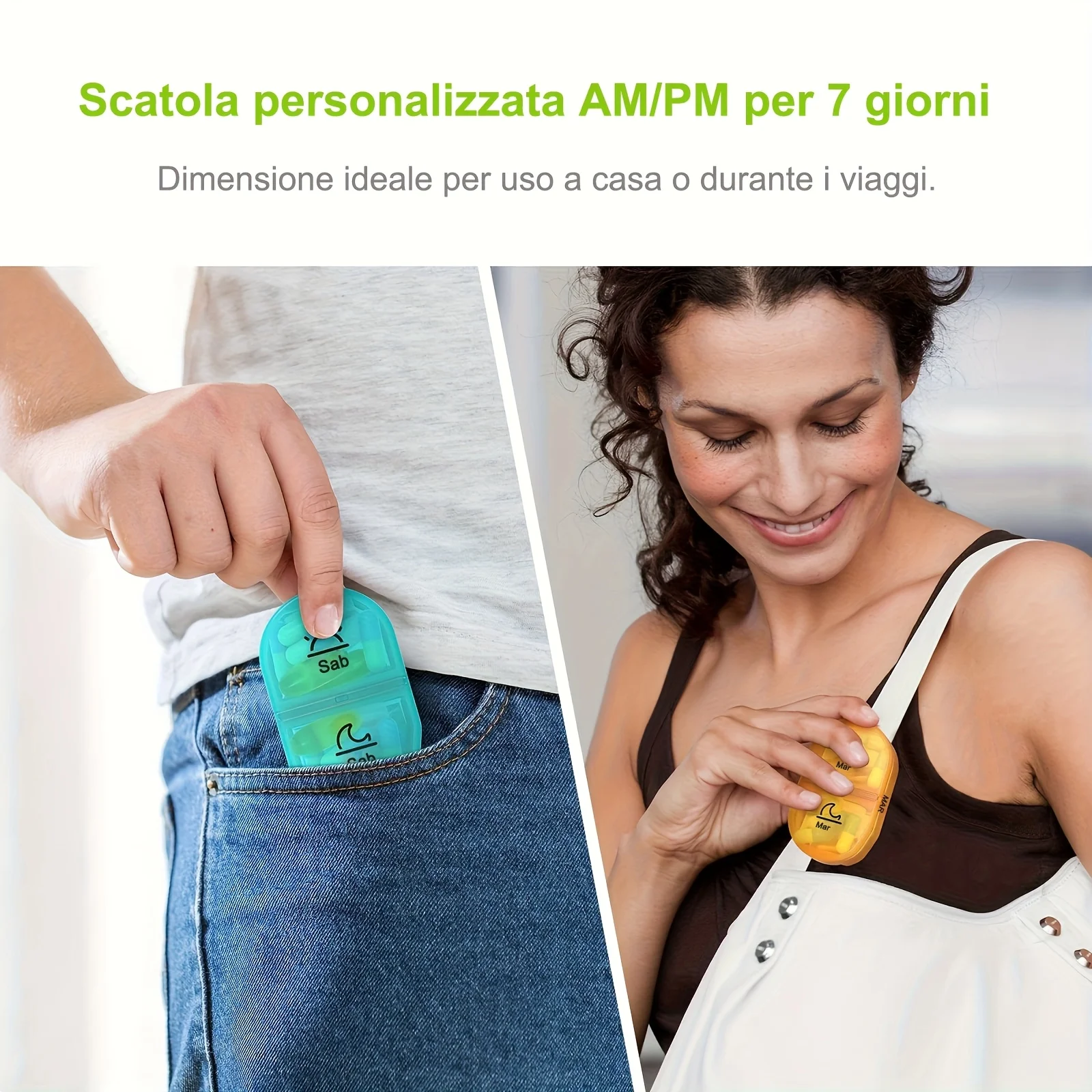 [طباعة إيطالية] صندوق حبوب/طاولة لمدة 7 أيام مع حجرتين، صندوق دواء مفيد ومقاوم للرطوبة