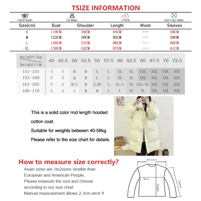 Women Hooded Cotton-padded Jacket Mid-Length Horn Button Down Coat Thermal Solid Thicken Preppy Style Parkas Warm Winter Outwear