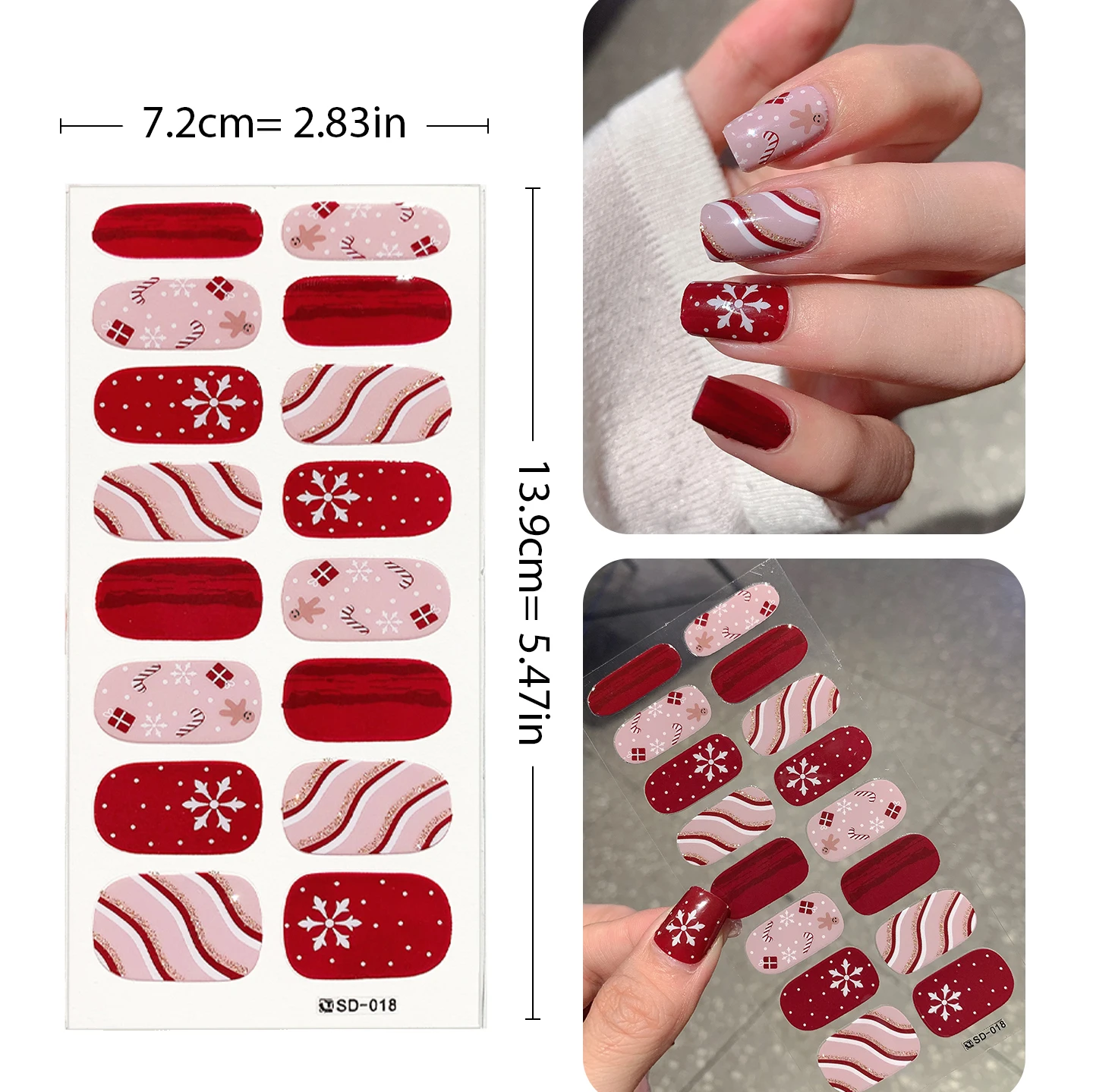 Adesivos de unhas cobertura completa, 6 peças por conjunto, design de Natal, decoração de unhas, auto-adesivo, arte criativa