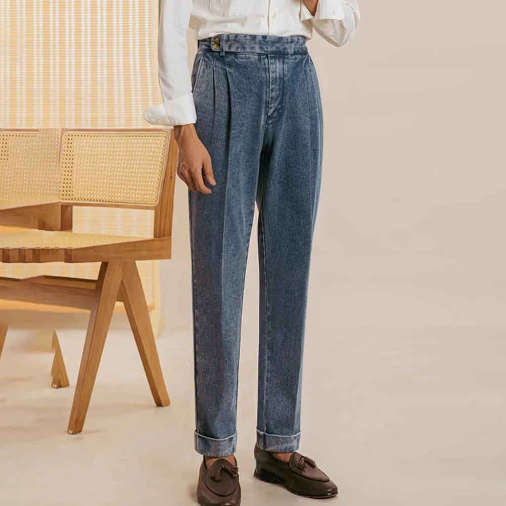 

Mens Autumn Naples High Waisted Washed Double Pleat Jeans England Straight Pants Spring Autumn Fashion High Waisted Soft Pant