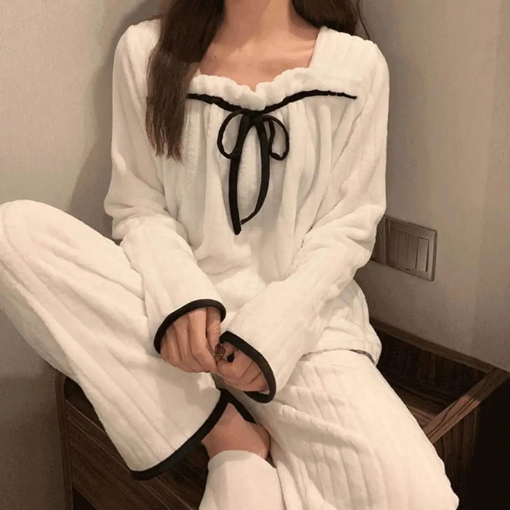 

2 Pcs/Set Women Pajamas Set Shirring String Square Neck Contrast Color Long Sleeves Sleeping Loose Soft Bow-knot Nightie Set for