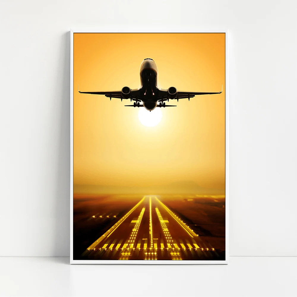 Passenger Plane Ascending at Sunset Canvas Painting Prints Wall Art Illustration Home Decor Poster Room Decoration