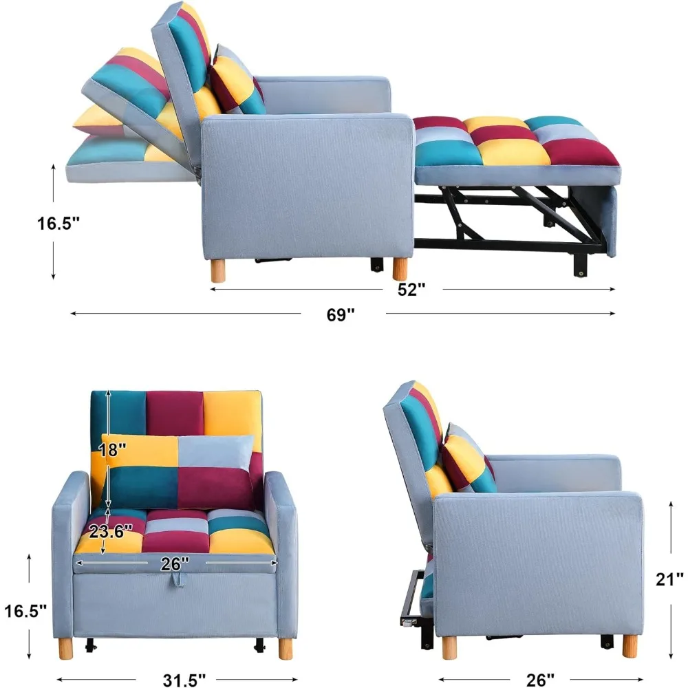 Tempat Tidur Sofa, Sofa Tidur 3-in-1 dengan Tempat Tidur Tarik, Kursi Tidur Santai yang Dapat Disesuaikan, Sofa Tempat Tidur dengan Bantal, Converti